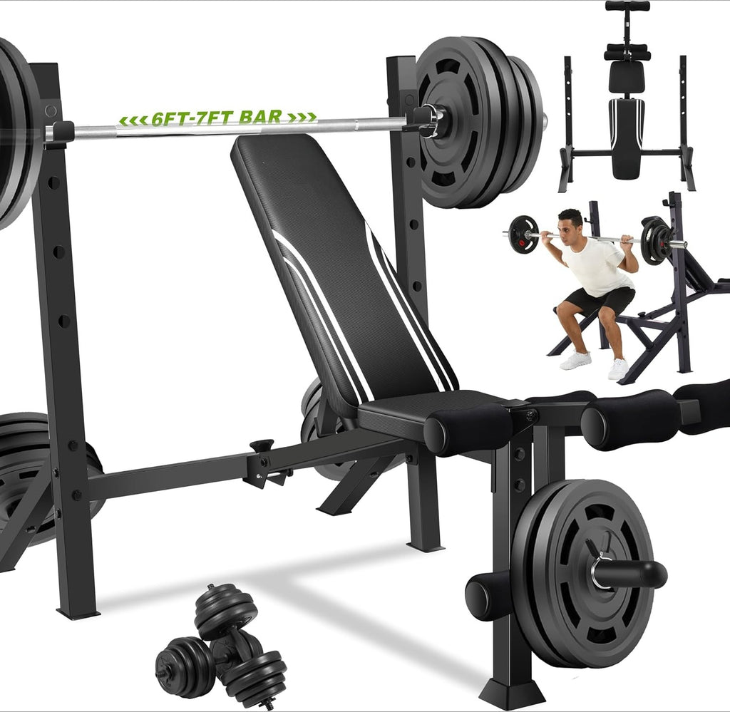 Olympic Weight Bench with Squat Rack & Leg Attachments